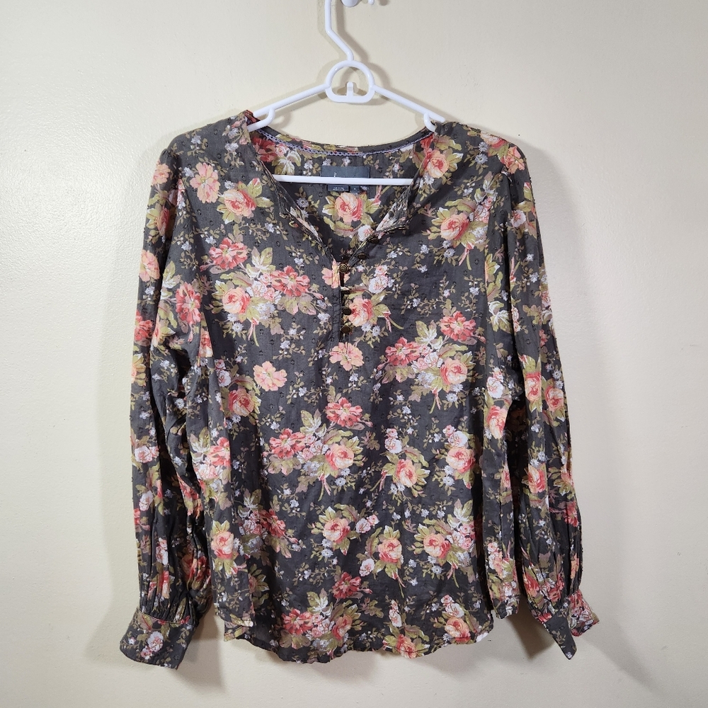 Floral Button-Front Blouse - Gray with Pink Floral